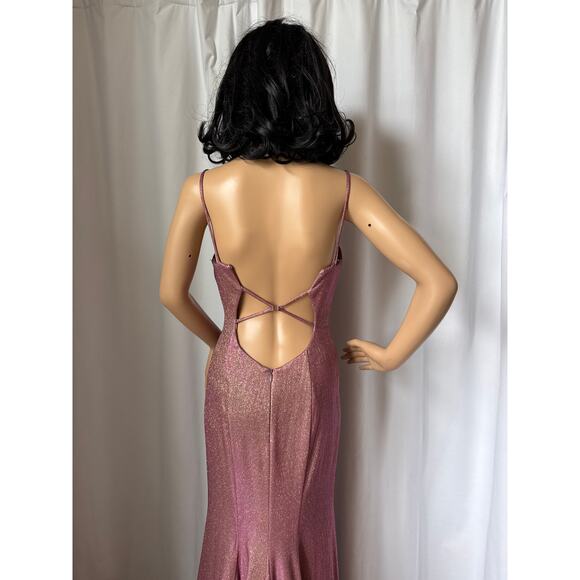 Faviana Sparkly Metallic Long Jersey Dress With Leg Slit pink 2 - Picture 13 of 16